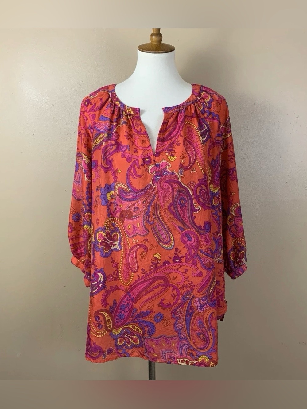 Lauren Ralph Lauren Womens 1X Colorful 100% Silk Pink Paisley Split Neck Blouse
